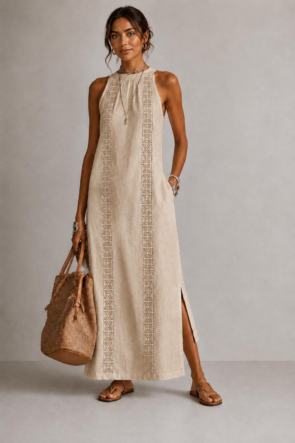 Beige Linen Lace Maxi Dress, Beige Boho Resortwear, Sleeveless Summer Vacation Outfit