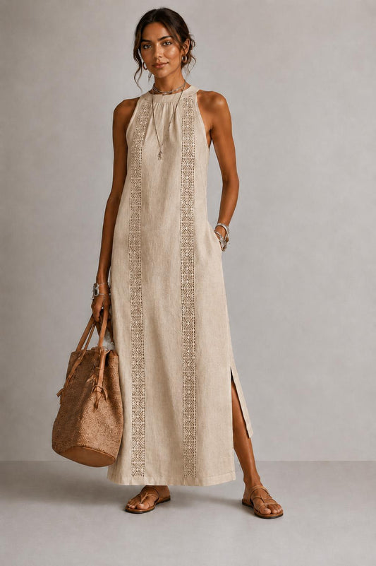 Beige Linen Lace Maxi Dress, Beige Boho Resortwear, Sleeveless Summer Vacation Outfit