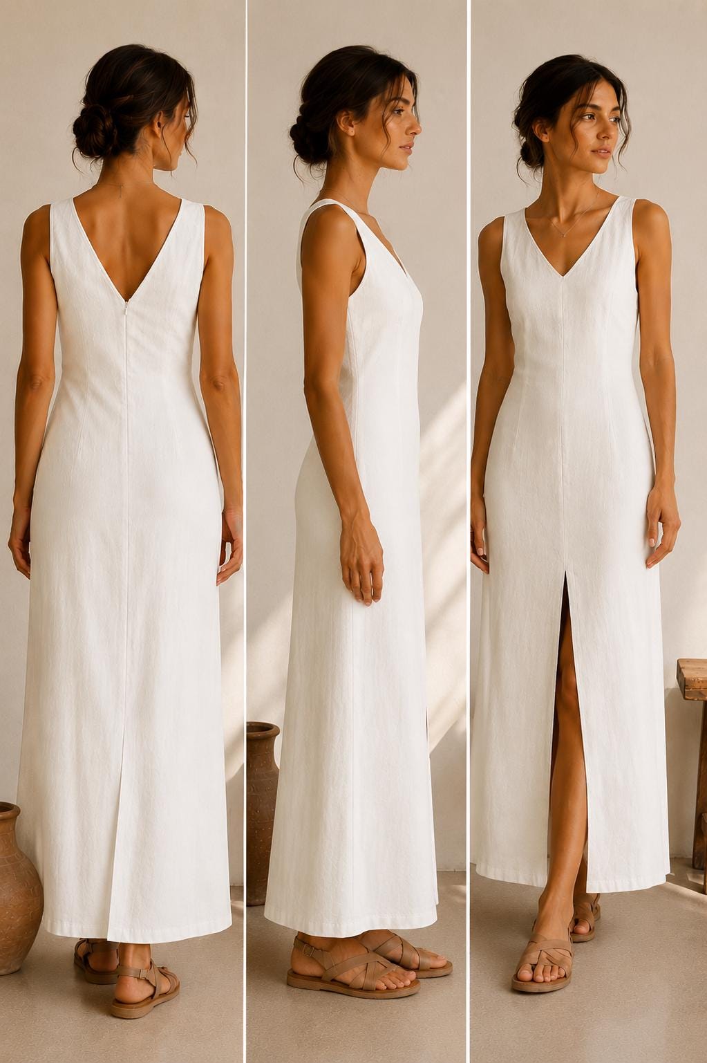 Linen Maxi Dress, Minimalist V-Neck Sleeveless Resort Wear