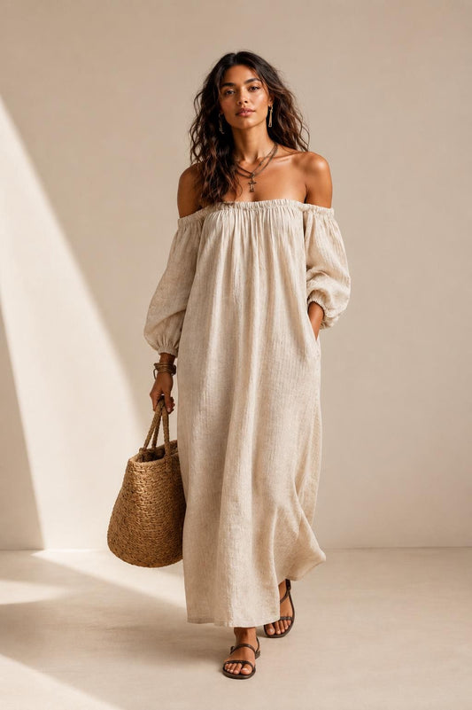 Beige Off Shoulder Linen Maxi Dress, Boho Resort Summer Gown, Loose Style