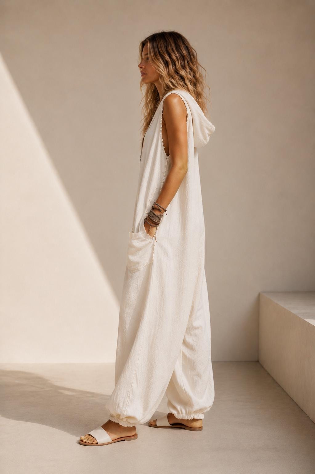 White Hooded Linen Look Jumpsuit, Oversized Harem Resort Wear