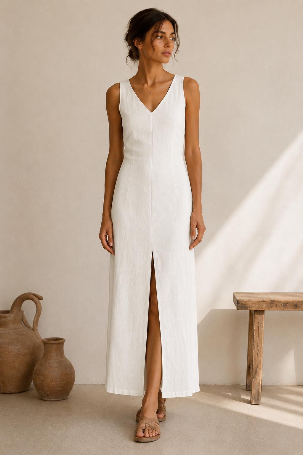 Linen Maxi Dress, Minimalist V-Neck Sleeveless Resort Wear